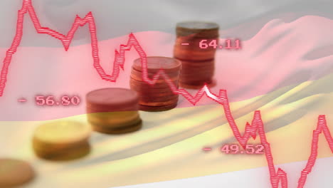 animation of red diagram, data processing and flag of germany over coins