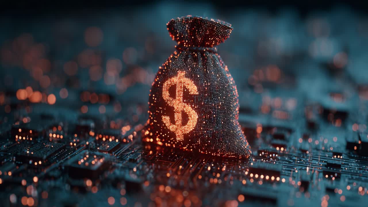 A Glowing Digital Currency Bag Representing Wealth and Finance Amidst High-Tech Circuitry, Symbolizing the Future of Money and Digital Transactions in a Modern Economy