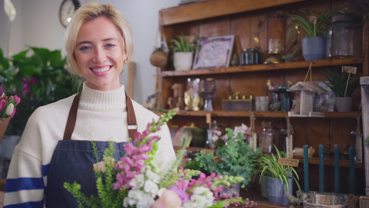 Ritratto di proprietaria di negozio di fiorista che tiene un bouquet di fiori