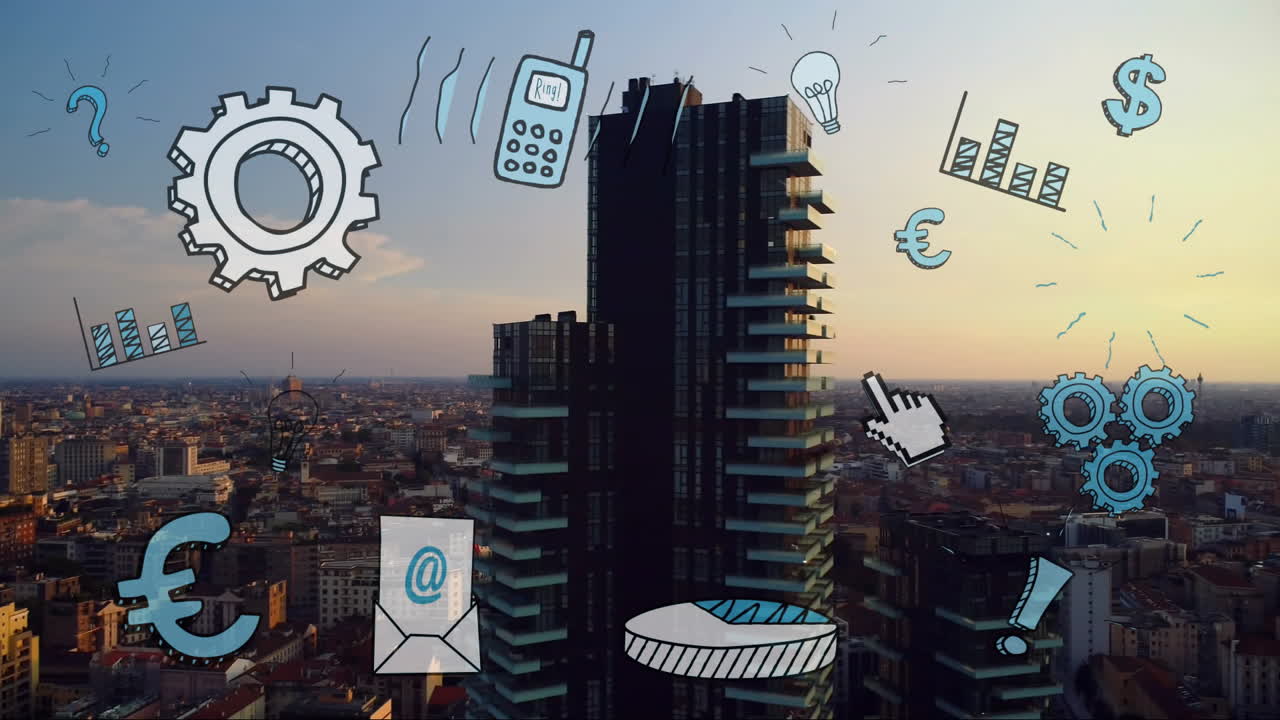 Animation of business icons overlaying skyscrapers during sunset cityscape view
