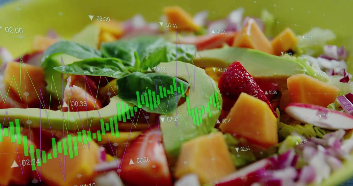 Grafico a forma d'onda che appare gradualmente sopra una ciotola per insalata verde lime, muovendosi attraverso un avocado e mostrando codici temporali
