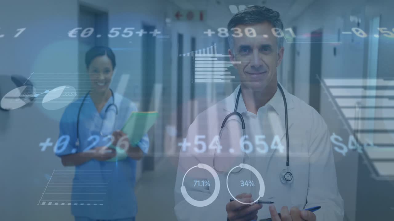 animación del procesamiento de datos estadísticos sobre diversos médicos y trabajadoras de la salud