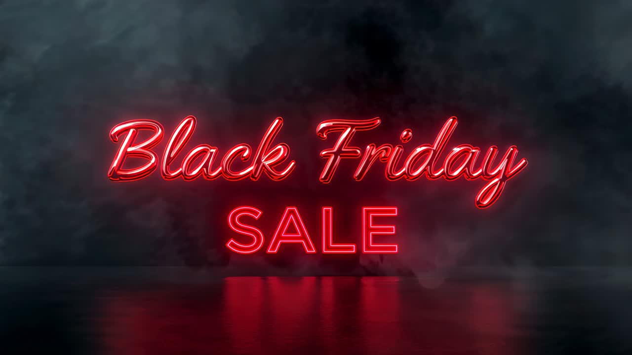 Intensifying neon sign reading Black Friday above SALE pulsing shifting fog and floor for promo