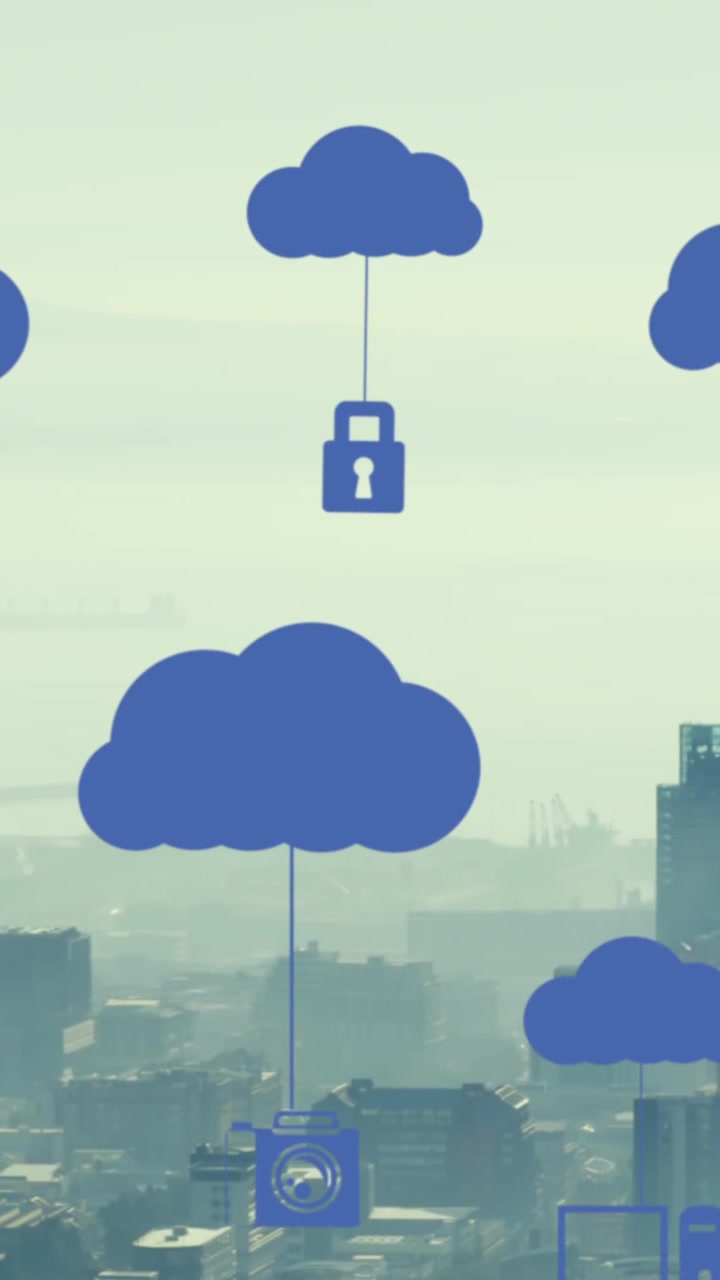 Animation of digital clouds with tech icons floating over cityscape