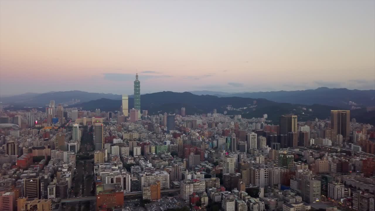taiwán puesta de sol taipei paisaje urbano centro famosa torre panorama aéreo 4k