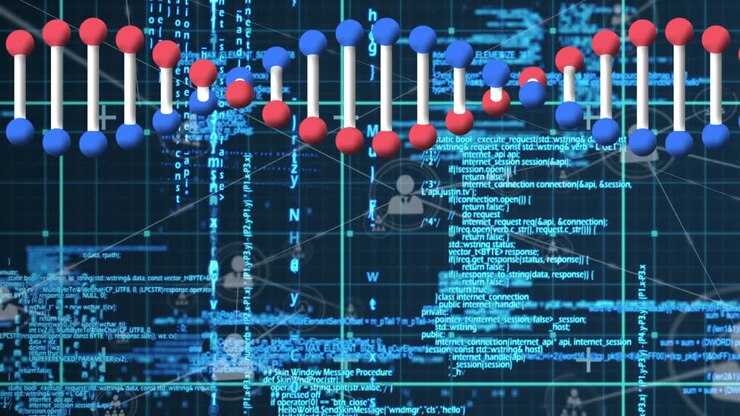 Animation of data processing with networks of connections and dna strand