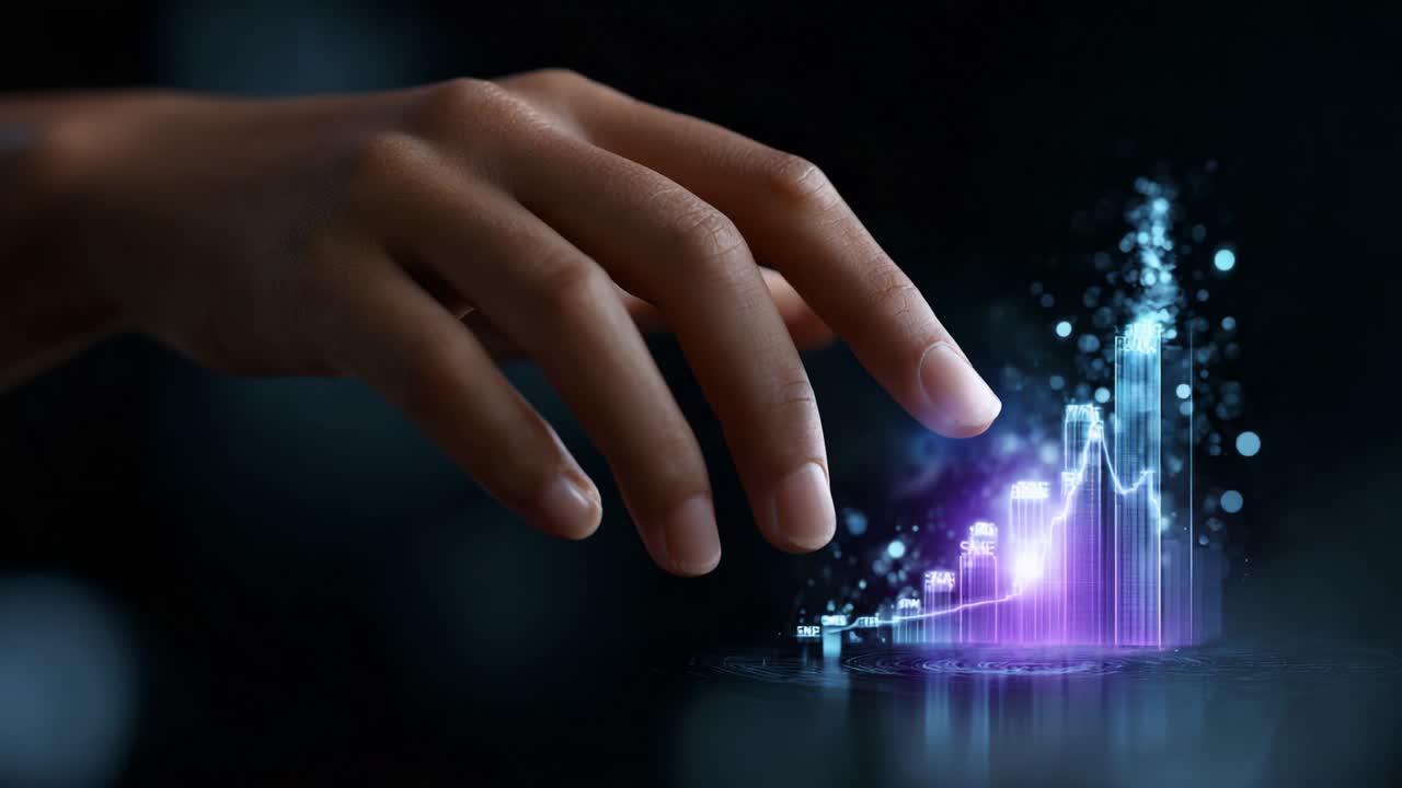 A Futuristic Digital Interface Showcasing an Expanding Growth Trend with a Diverse Range of Vibrant Graphical Elements Highlighted by a Human Hand Touching the Data Display in a Dark Environment