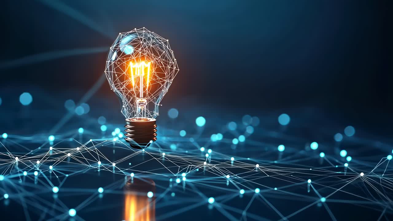 Futuristic video concept with a low-angle view of a glowing light bulb amidst a digital network