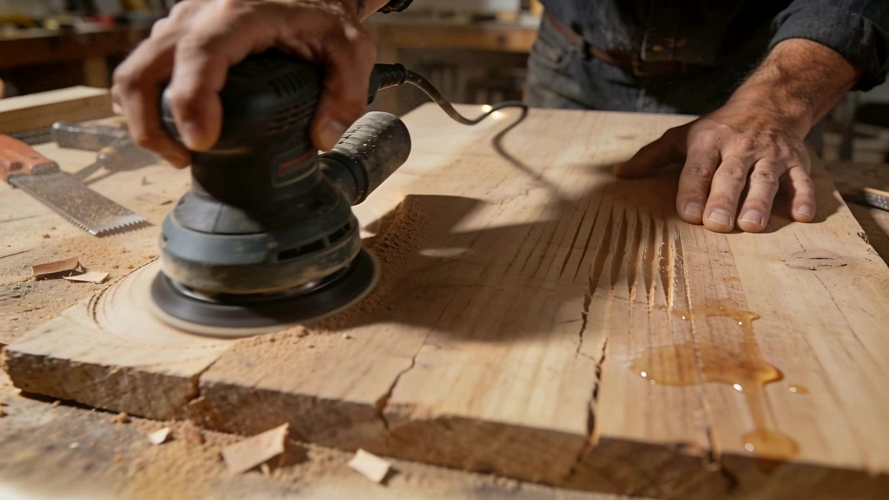 Switching sander on, hands with rolled sleeves sanding board at woodshop bench, smoothing gouges