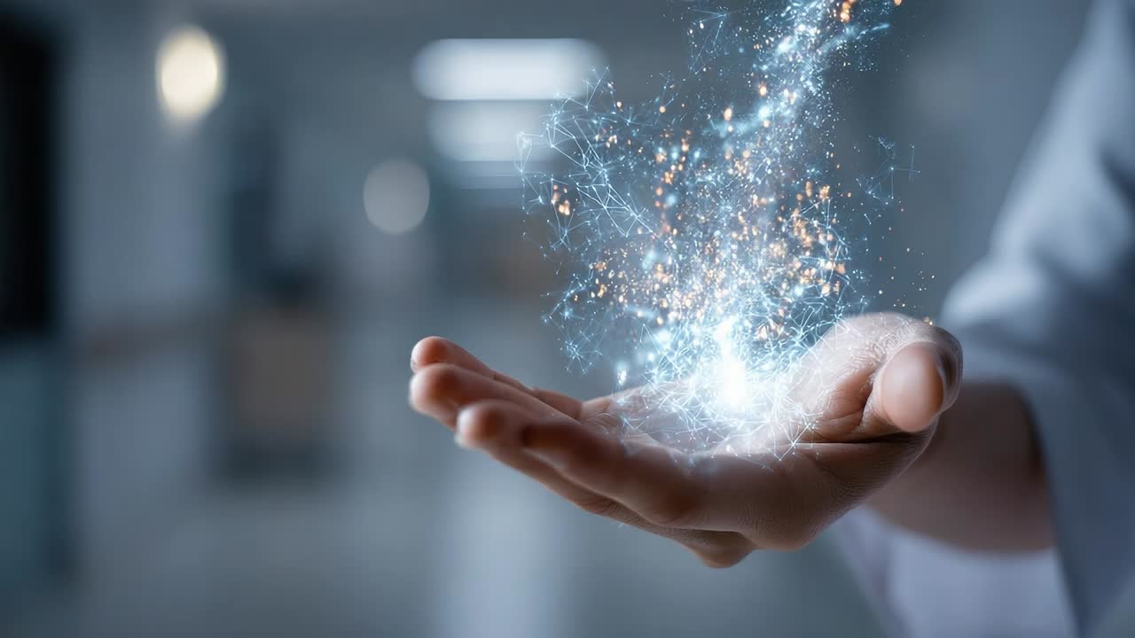 Mão segurando energia cintilante em um espaço interno moderno