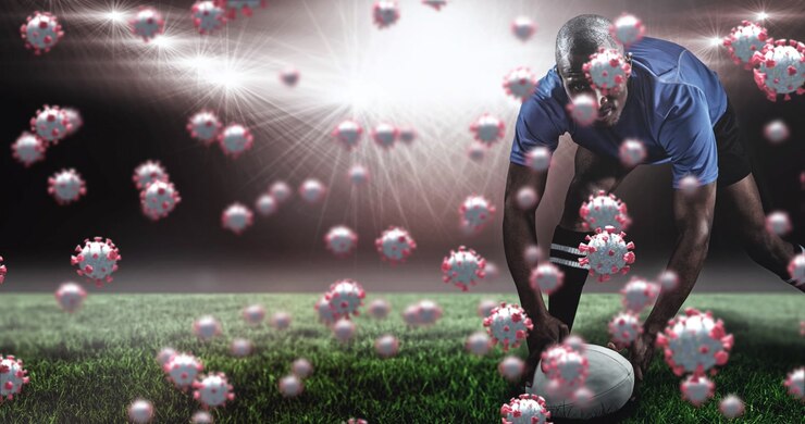 Animation of confetti falling over american football players woman dancing at stadium