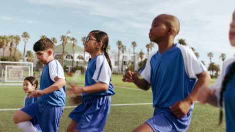 Children,-cardio-and-sport-on-soccer-field