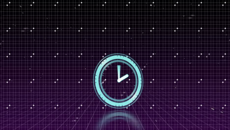 animación de un reloj moviéndose en el espacio digital violeta con puntos