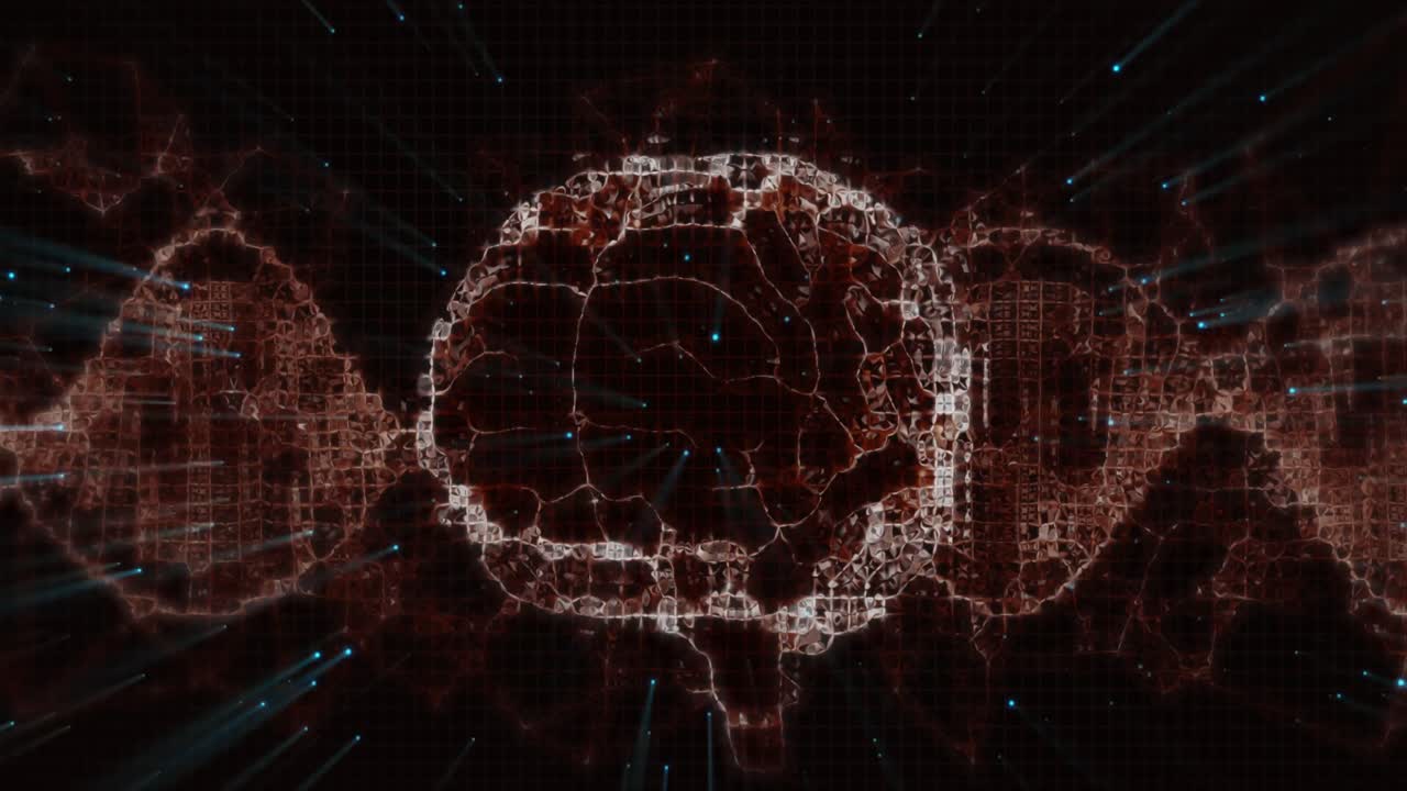 Animation of dna strand spinning and digital brain model over black background