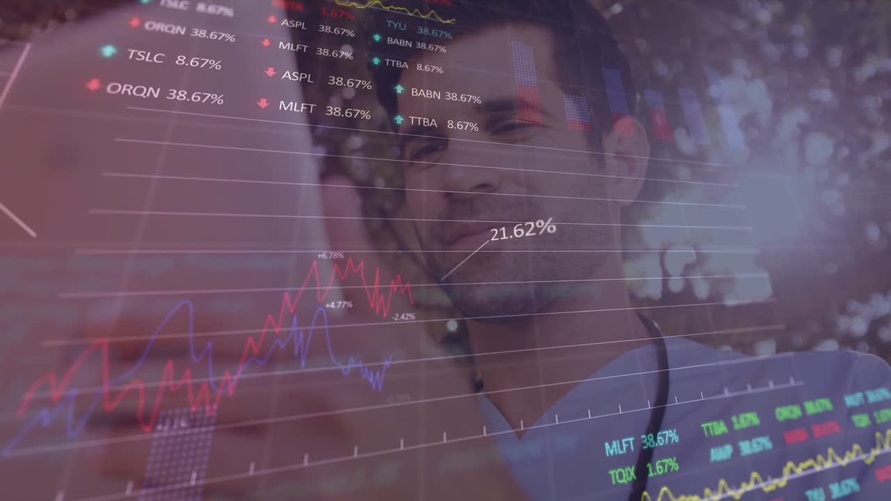 Animation af finansiel databehandling over kaukasisk mand, der bruger tablet
