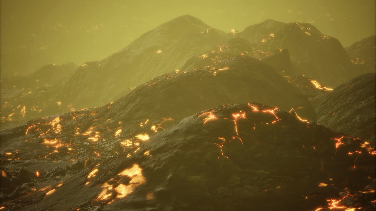 Lava flows create a surreal landscape under a yellow haze