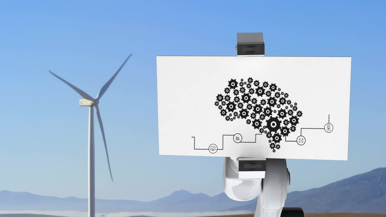 Robot holding brain gears illustration over wind turbine and mountains