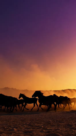 silhouettes of wild horses galloping at sunset