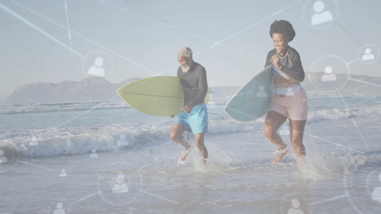 Surfers running through surf, with social icons floating, promoting digital marketing campaign