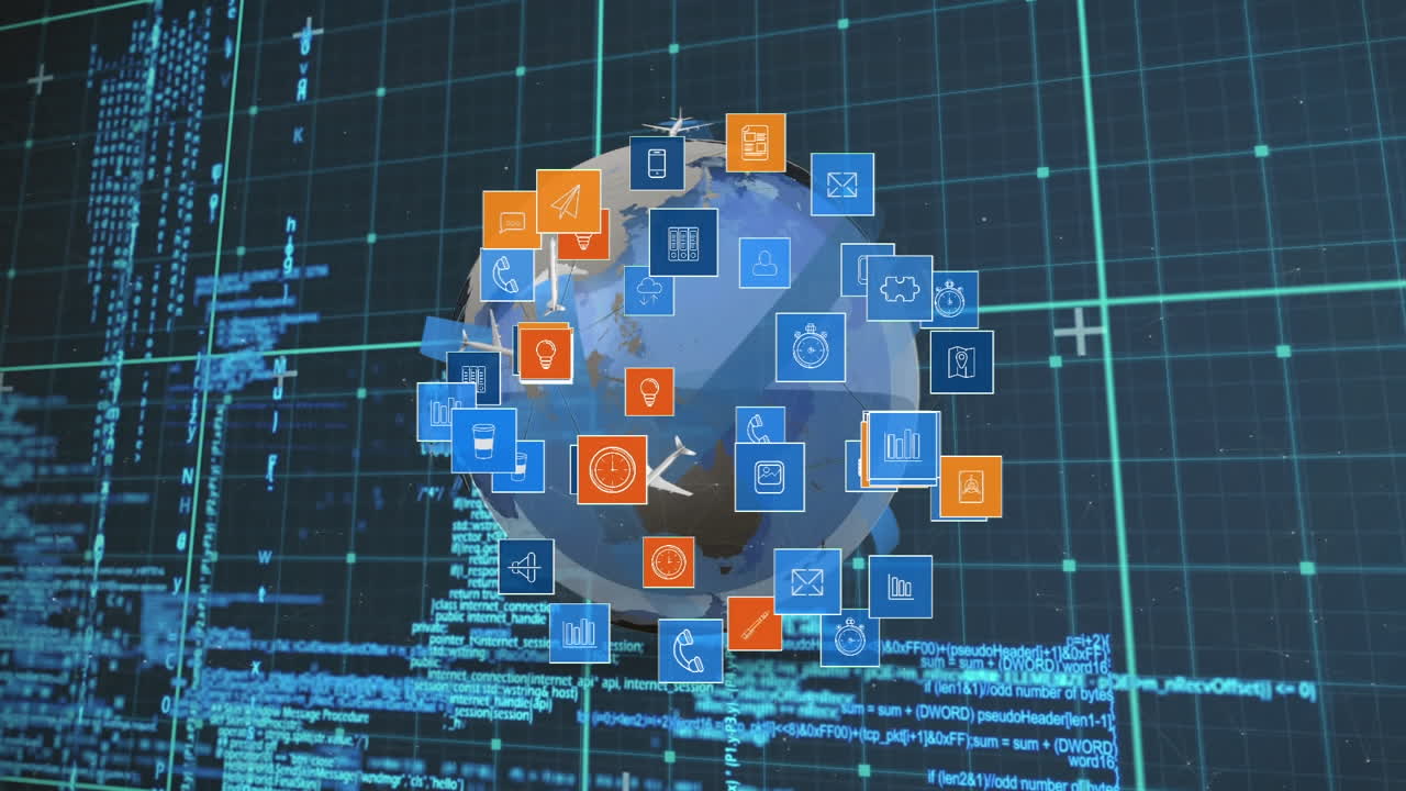 Digital app icons and globe