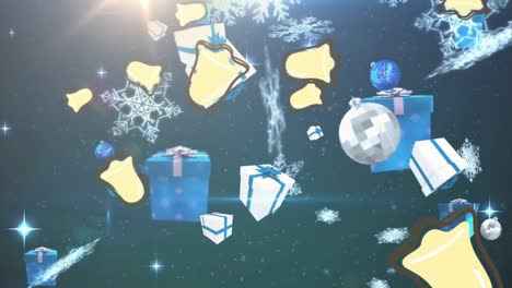 Animation-Von-Weihnachtsglocken,-Geschenken-Und-Kugeln,-Die-Auf-Schwarzen-Hintergrund-Mit-Lichtern-Fallen