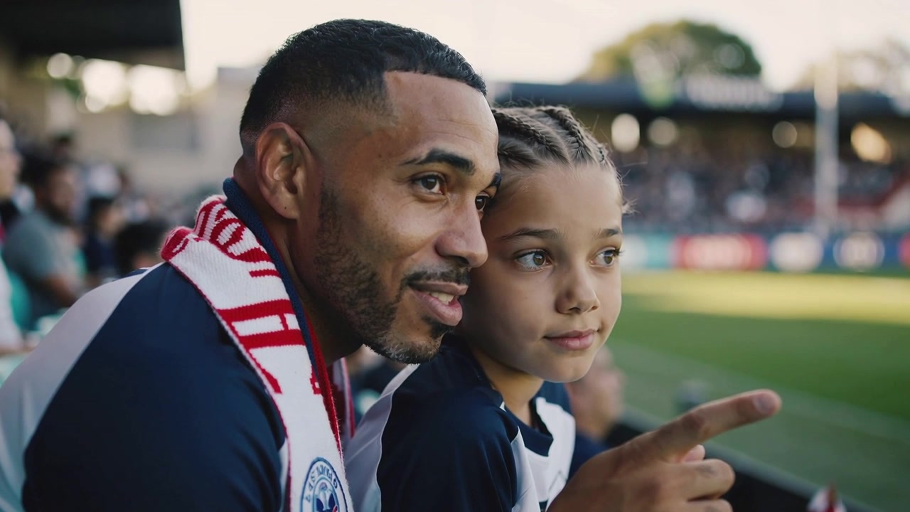 Spotting play, pointing dad guiding girl at stadium seats with red-and-white scarf and team jerseys
