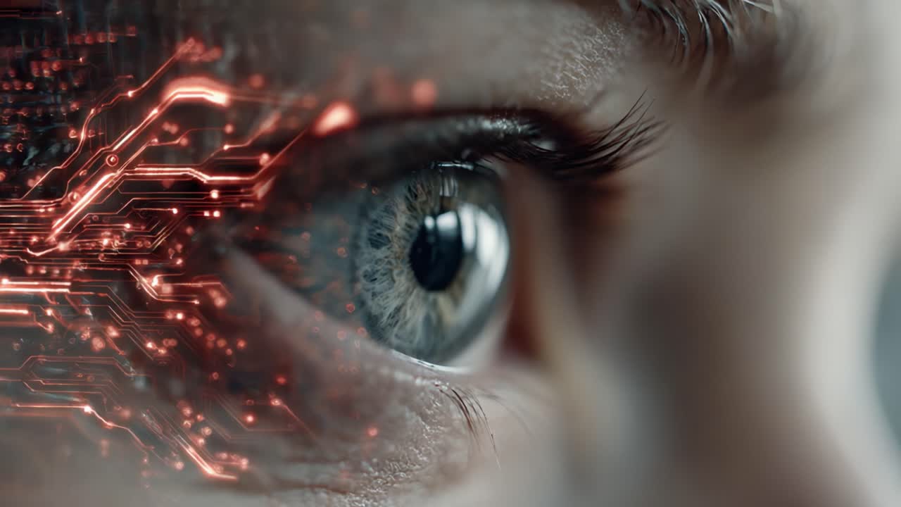 A close-up of a child's eye intertwined with intricate digital circuits, illustrating the fusion of humanity and technology in a captivating visual narrative