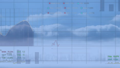 animation of statistic and financial data processing over cityscape on blue background