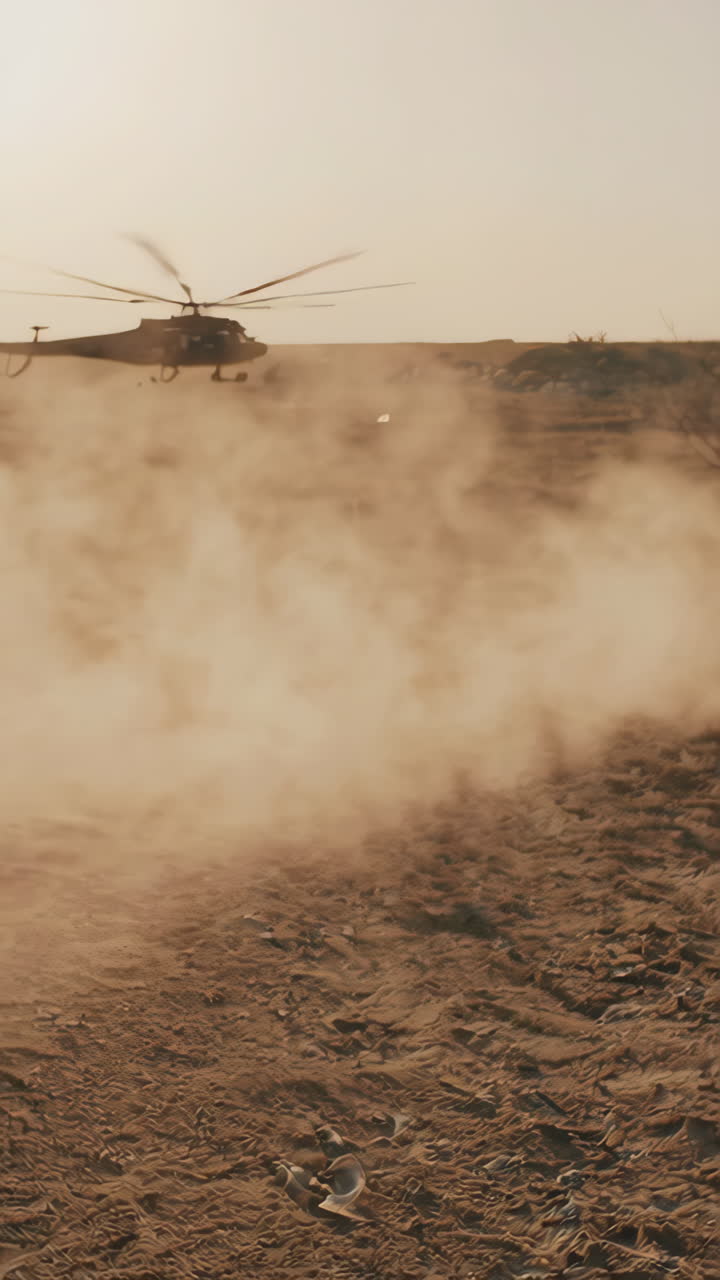 Militari ed elicotteri in un paesaggio desertico