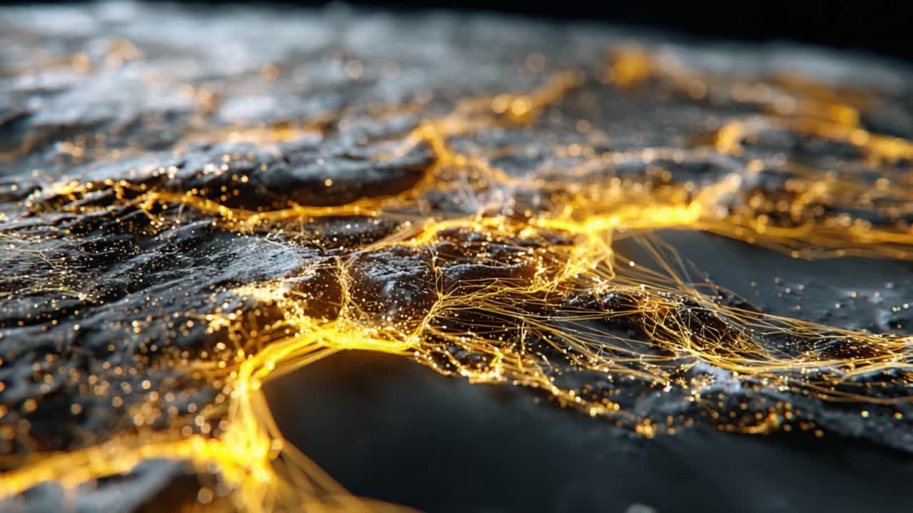 An Abstract Representation of Neural Connections with Electric Pulses Illuminating the Surface, Creating a Dynamic and Interconnected Network of Light