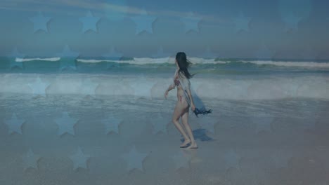 animation of american flag waving over woman running on beach by seaside on summer holiday