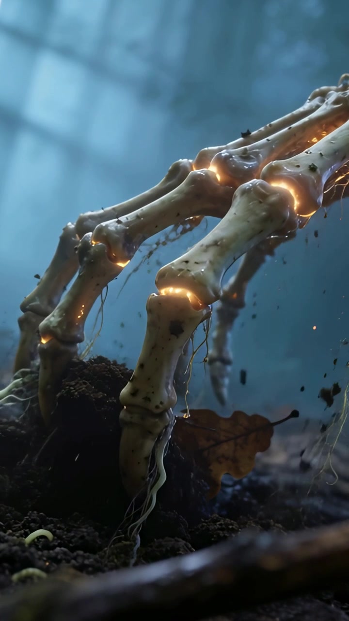 Vertical video: Glowing joints pulsing bone hand searching soil on misty forest floor