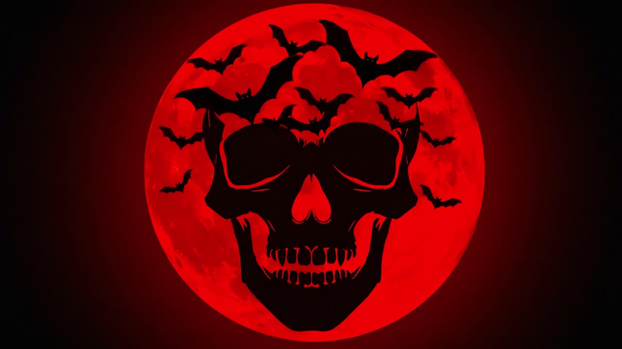 A hauntingly captivating design featuring a menacing skull silhouette intertwined with flying bats against a backdrop of a blood-red full moon, creating an eerie and dramatic aesthetic