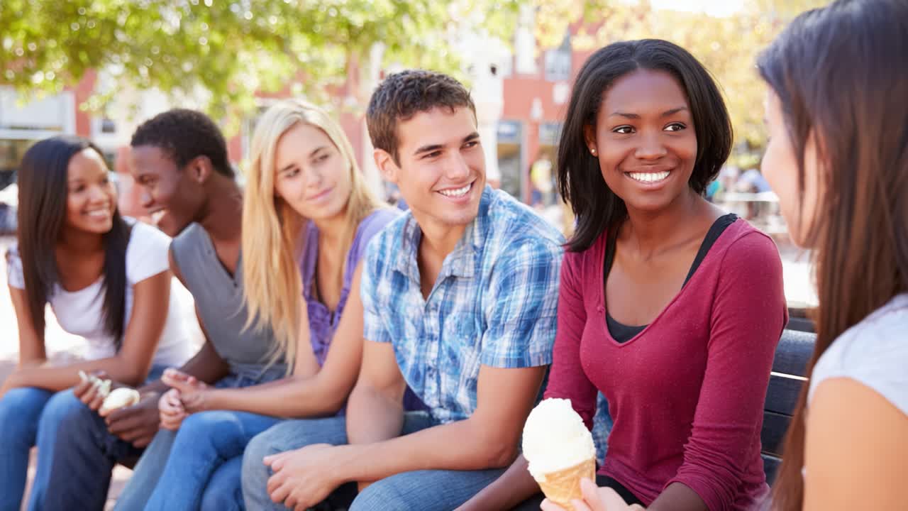 A Group of Young Friends Enjoying Ice Cream Together in a Vibrant Park Setting, Engaging in Lively Conversation and Sharing Joyful Moments under Sunlit Trees