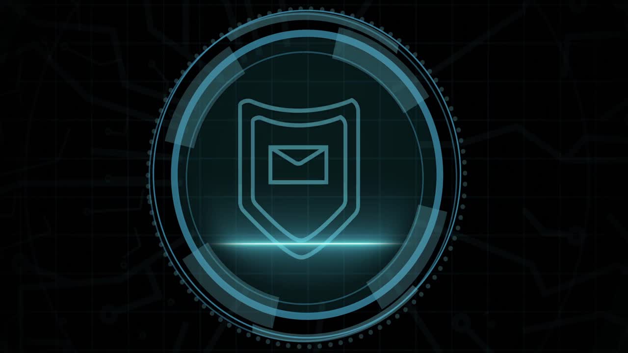 Animation of digital shield in circle and cyber security on black background