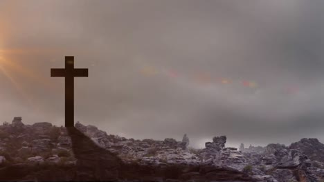 animación de luces brillantes sobre el crucifijo y el paisaje