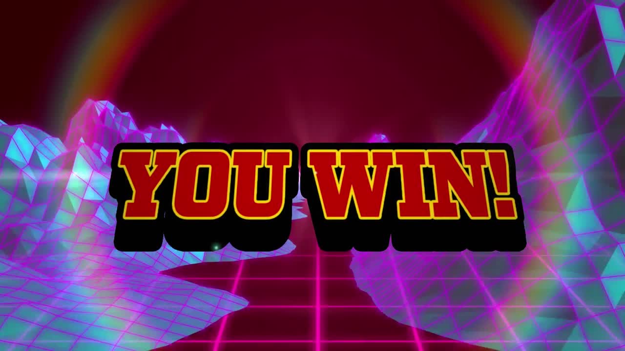 빨간 텍스트의 애니메이션 당신은 승리, 보라색 풍경과 갈색에 분홍색 그리드와 함께 폭발