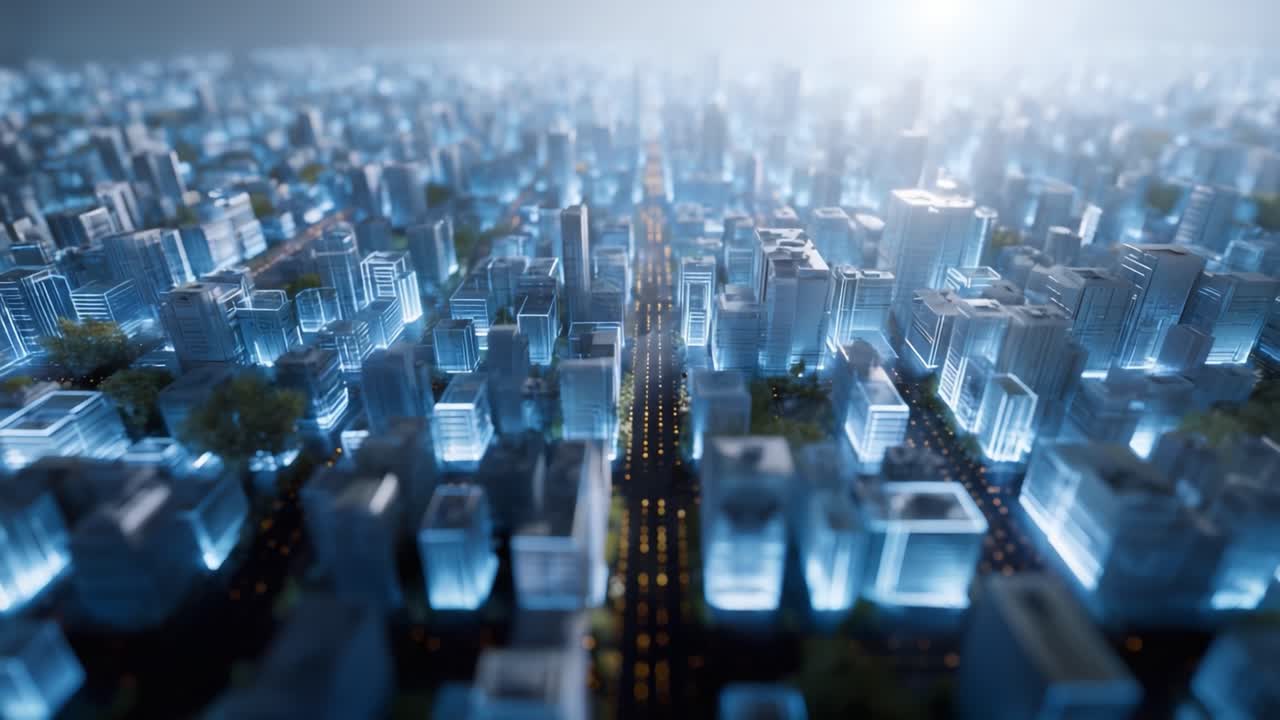 近代的な建築と都市の明かりで光り輝く、活気ある大都市の黄昏時の本質を捉えた、光り輝く都市景観の空撮