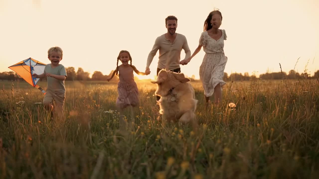 Una famiglia felice corre in un campo al tramonto con un cane e un aquilone, ripresa in un video grandangolare
