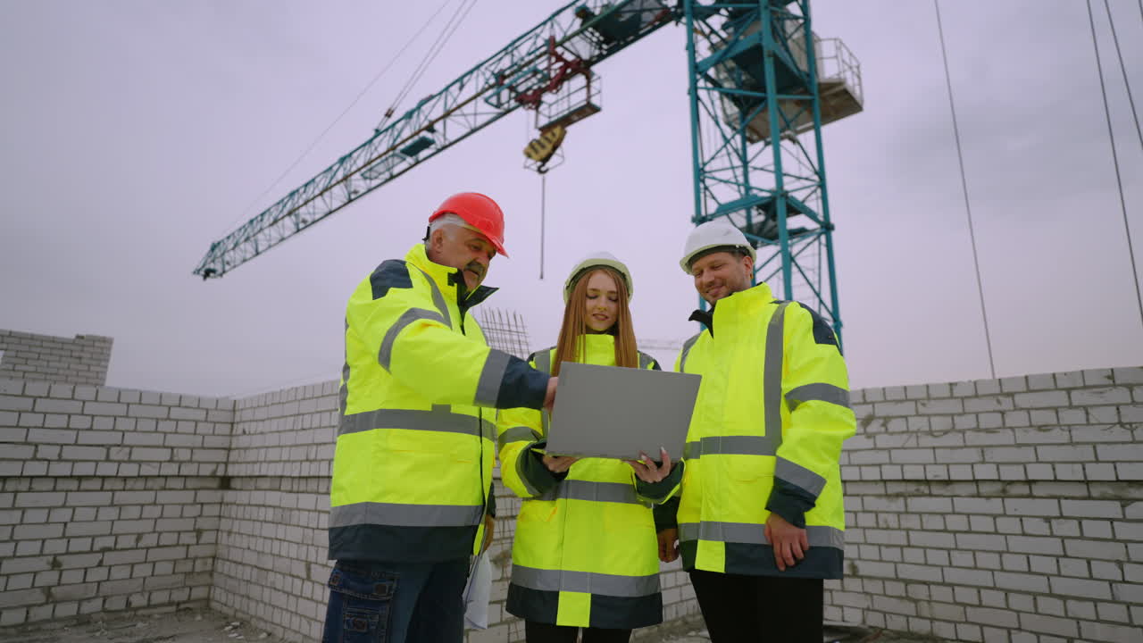 three specialists of development company are inspecting construction project viewing plan in laptop
