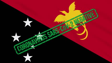 papua new guinea swaying flag with green stamp of freedom from coronavirus, loop