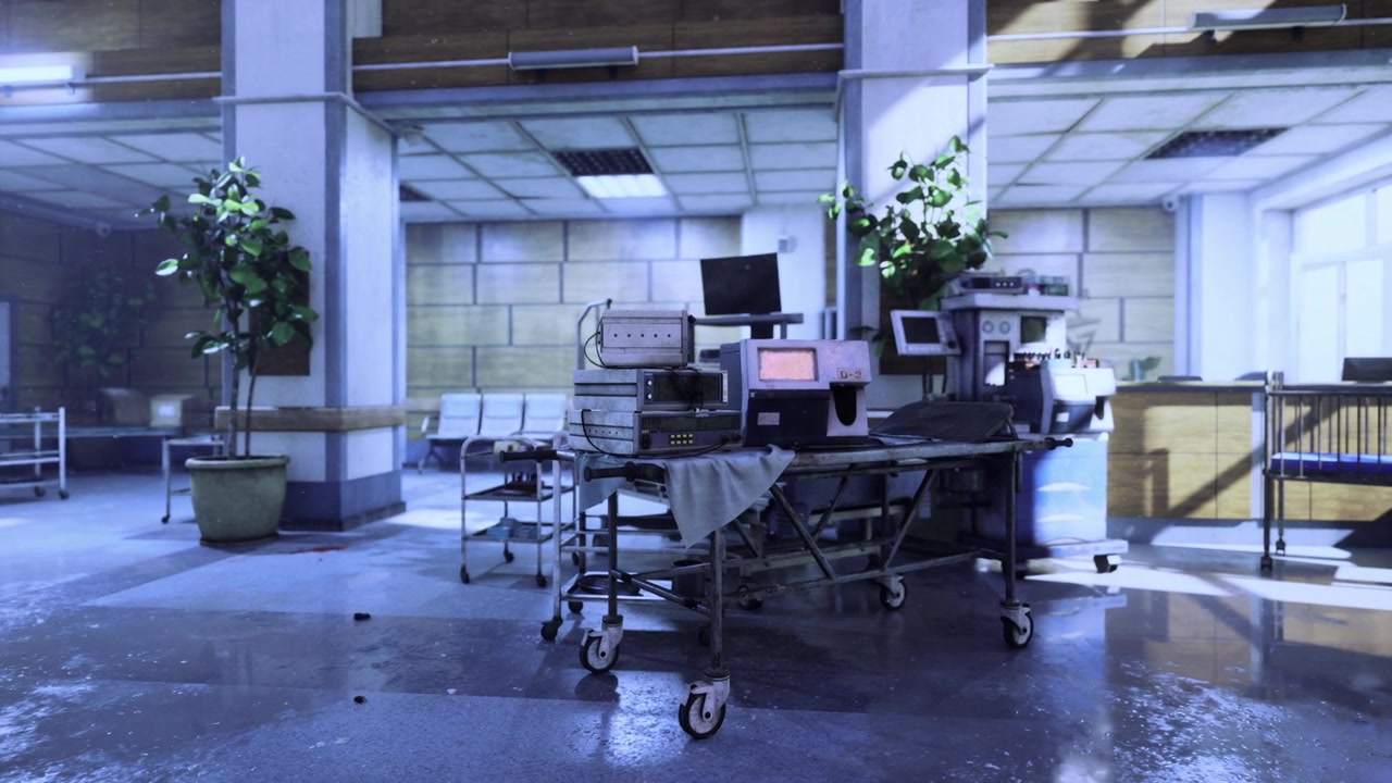 Flooded open workspace with scattered furniture and reflective floors