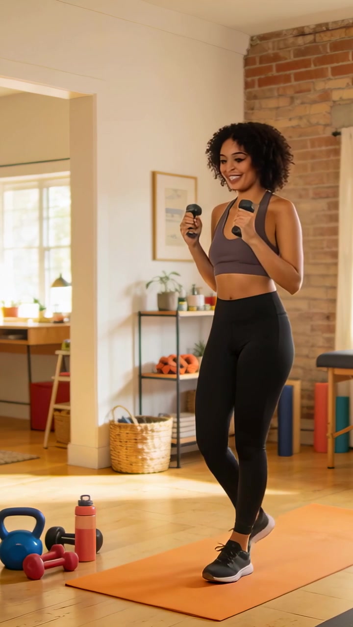 Vertical video: Stretching woman in gym gear filming at home on orange mat with weights, copy space