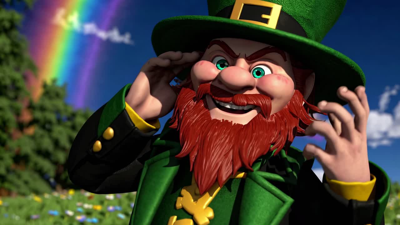En fantasifull leprechaun står på en levende eng under regnbuer.