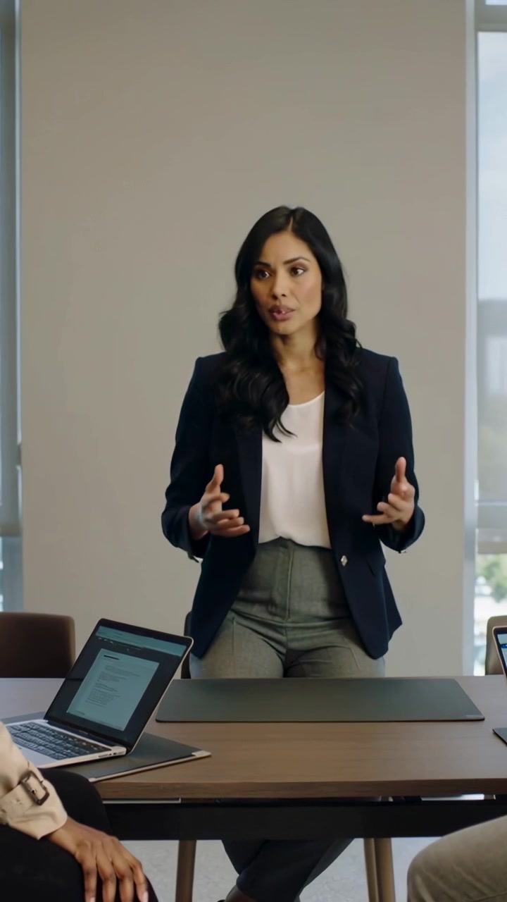 Video verticale: Donna in blazer blu navy che reagisce al commento di un collega gesticolando a un tavolo con laptop