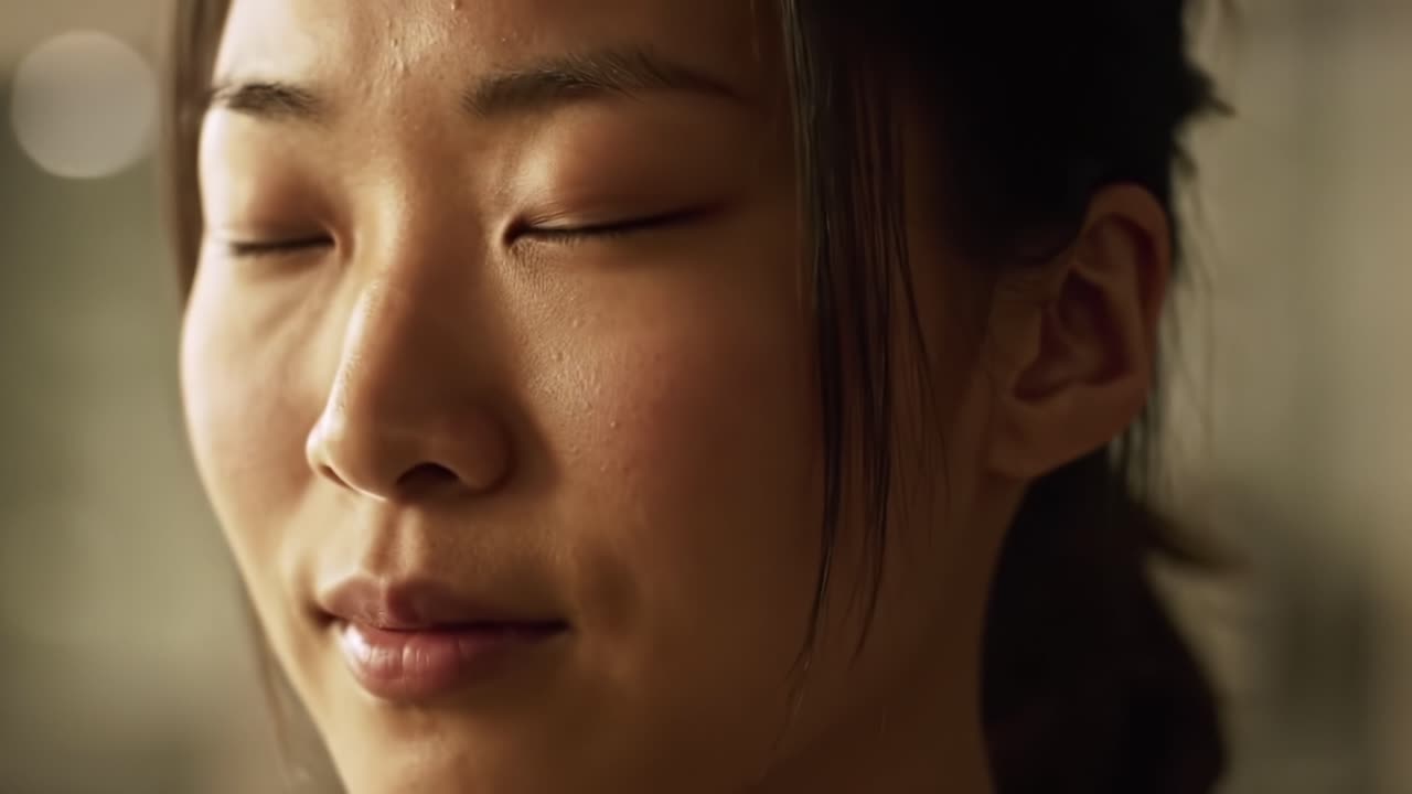 A Tranquil Moment: Capturing the Essence of Serenity in a Stillness-filled Portrait of a Young Woman with Closed Eyes, Embracing Inner Peace and Reflection