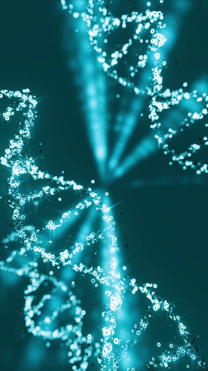Neon glowing color DNA floating from gene against dark background, 3d animation zoom in