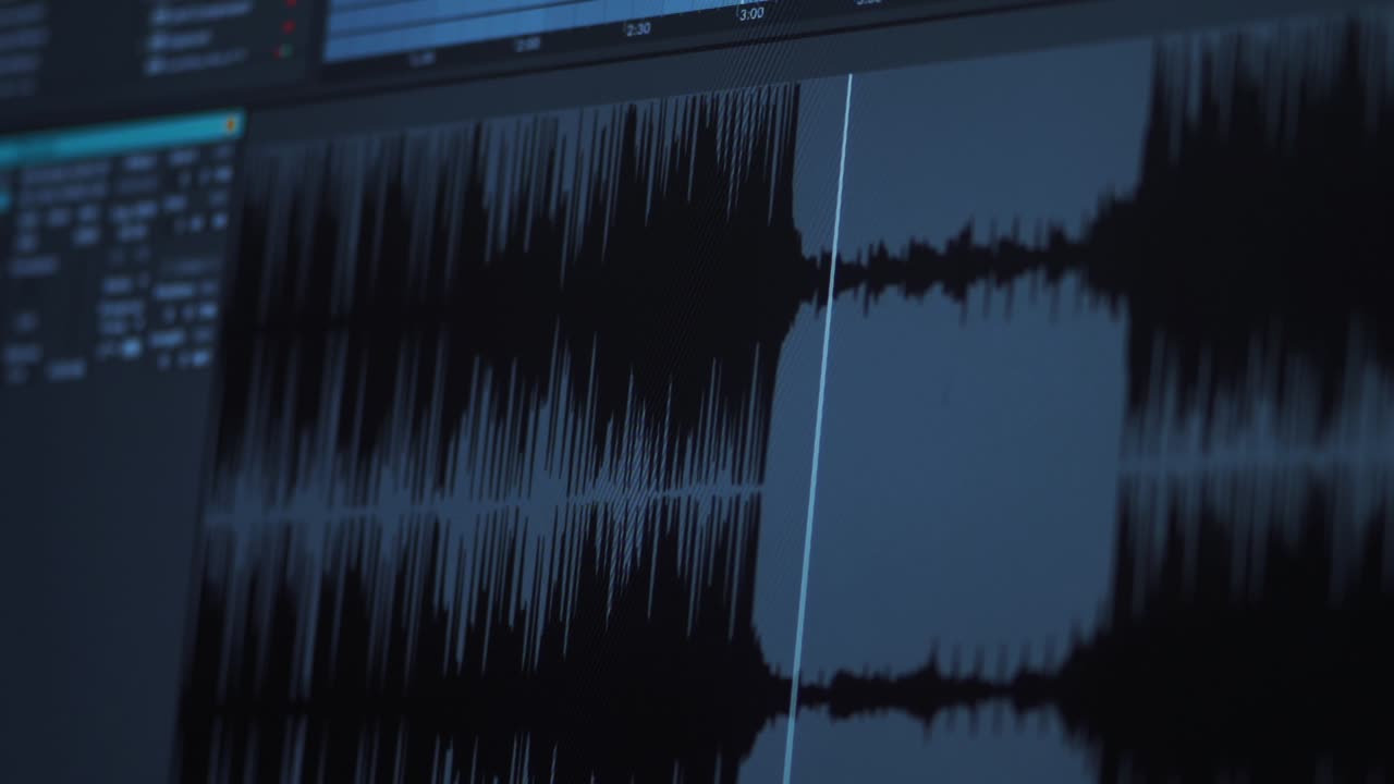 컴퓨터 화면에서 사운드 프로그램의 움직이는 타임라인의 클로즈업 샷