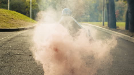 back view of a little boy wearing cardboard airplane wings with artificial smoke behind running in the park and playing as a pilot