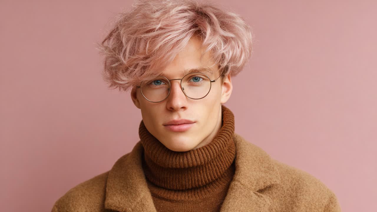 A young man with stylish pink hair and glasses poses confidently against a soft pink background, showcasing contemporary fashion and modern aesthetics